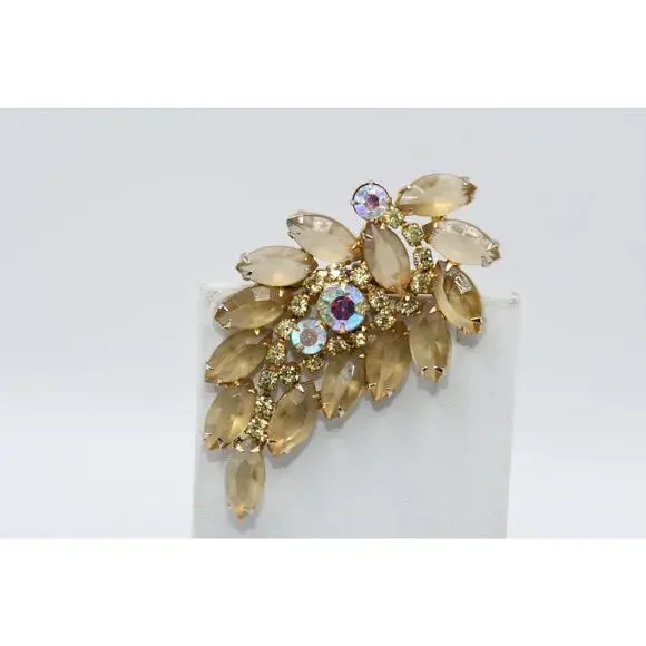 Vintage Light Topaz Rhinestone Floral Brooch AB Open Back 1950s 1960s
